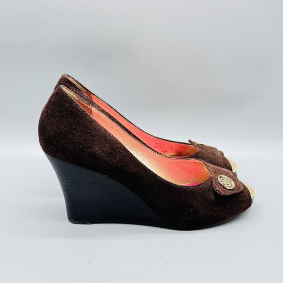 Lilly Pulitzer Shoes Womens 7 Brown Suede Wedge Peep Toe Leather Upper - Picture 1 of 12